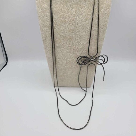 J Crew Gunmetal Snake Chain Long Bow Double Strand Necklace  NWOT! - Picture 1 of 9